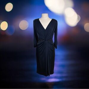 Tadashi Shoji Navy Twist Front Draped Midi Dress Medium Elegant Cocktail Event